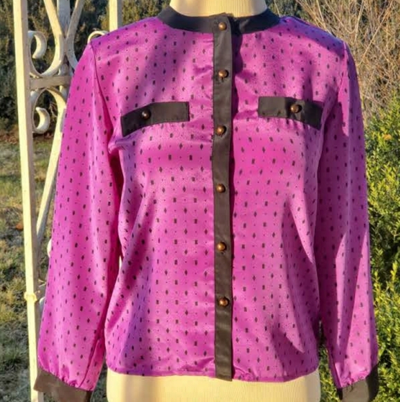 80s Purple & Black Geometric Print Blouse - Picture 1 of 3